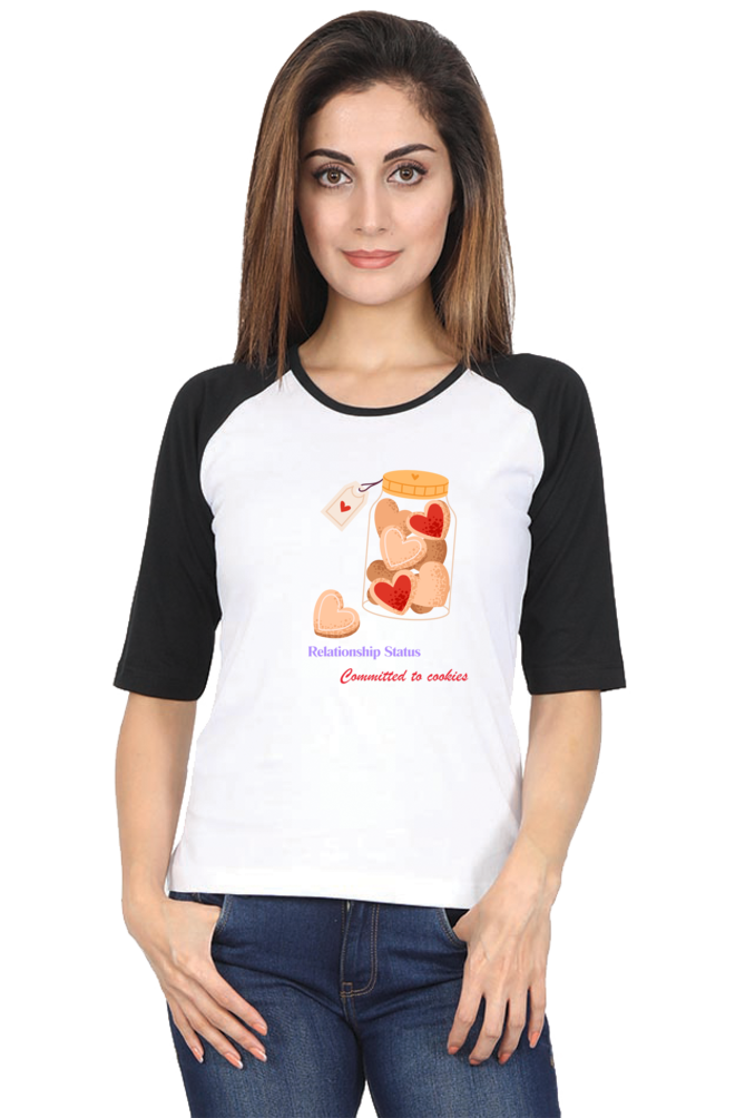 Women’s Valentine Raglan T-Shirt – "Relationship Status: Committed to Cookies"