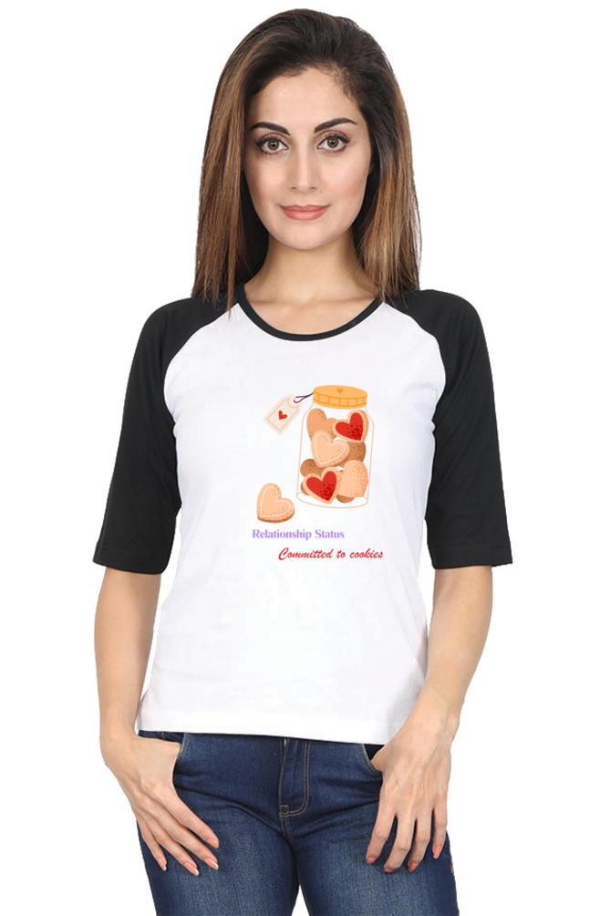 Women’s Valentine Raglan T-Shirt – "Relationship Status: Committed to Cookies"
