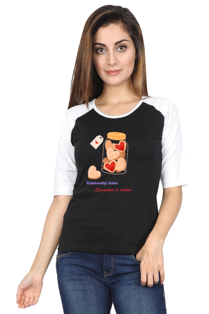 Women’s Valentine Raglan T-Shirt – "Relationship Status: Committed to Cookies"