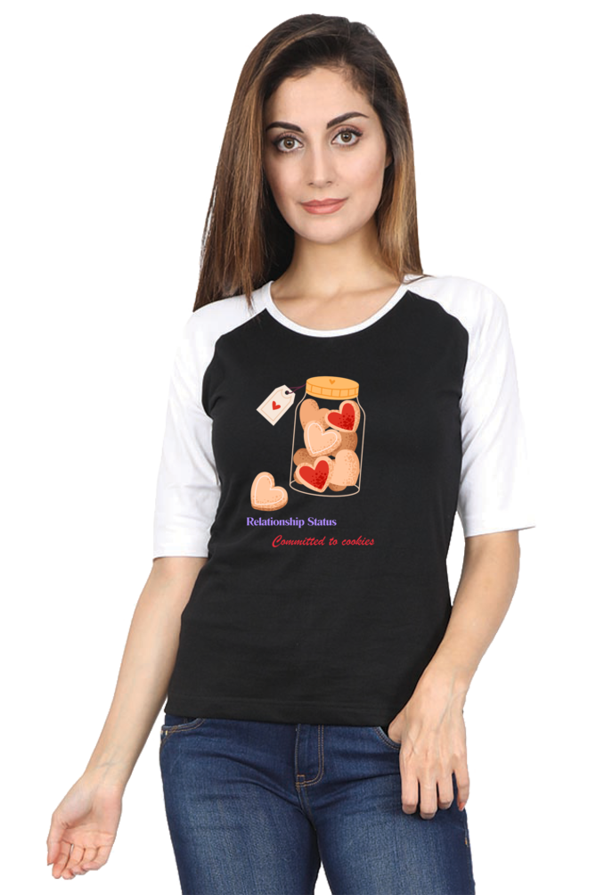 Women’s Valentine Raglan T-Shirt – "Relationship Status: Committed to Cookies"