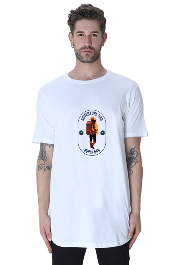 Men’s Long-Line Half-Sleeve T-Shirt – "Adventure Dad, Super Dad" with Adventure Caricature Design