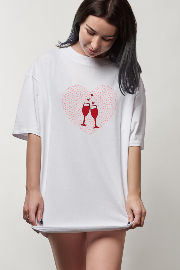 Women’s Oversized Valentine T-Shirt – Heart & Wine Glass Design for Bold Women