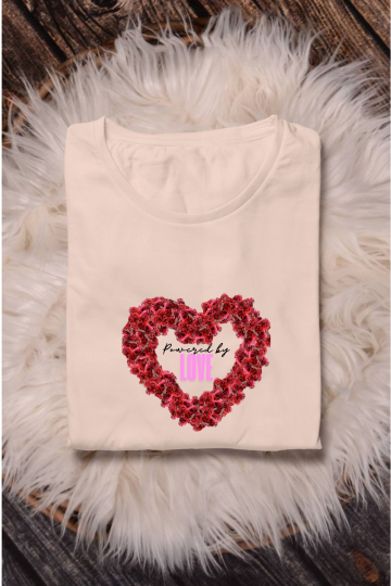 Women’s Valentine Round Neck T-Shirt – "Powered by Love" Heart Design