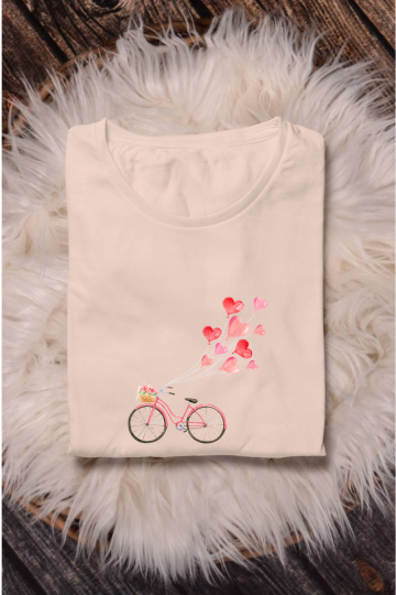 Women’s Valentine Round Neck T-Shirt – Floating Hearts & Bicycle Design