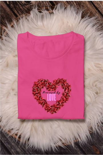 Women’s Valentine Round Neck T-Shirt – "Powered by Love" Heart Design
