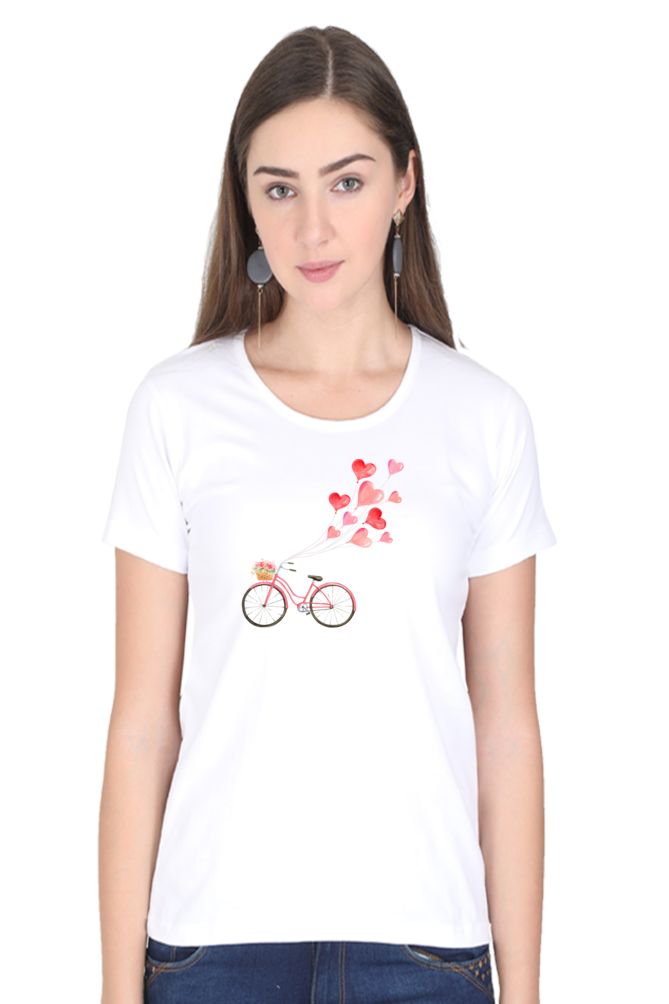 Women’s Valentine Round Neck T-Shirt – Floating Hearts & Bicycle Design