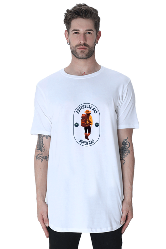 Men’s Long-Line Half-Sleeve T-Shirt – "Adventure Dad, Super Dad" with Adventure Caricature Design