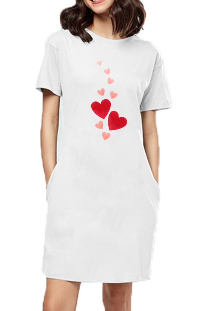 Women’s Valentine T-Shirt Dress – Floating Hearts Design for Bold Women