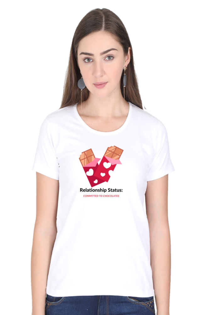 Women’s Valentine T-Shirt – "Relationship Status: Committed to Chocolates" | Fun & Trendy