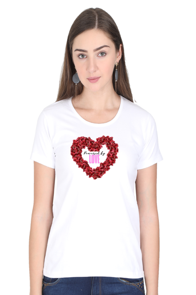 Women’s Valentine Round Neck T-Shirt – "Powered by Love" Heart Design