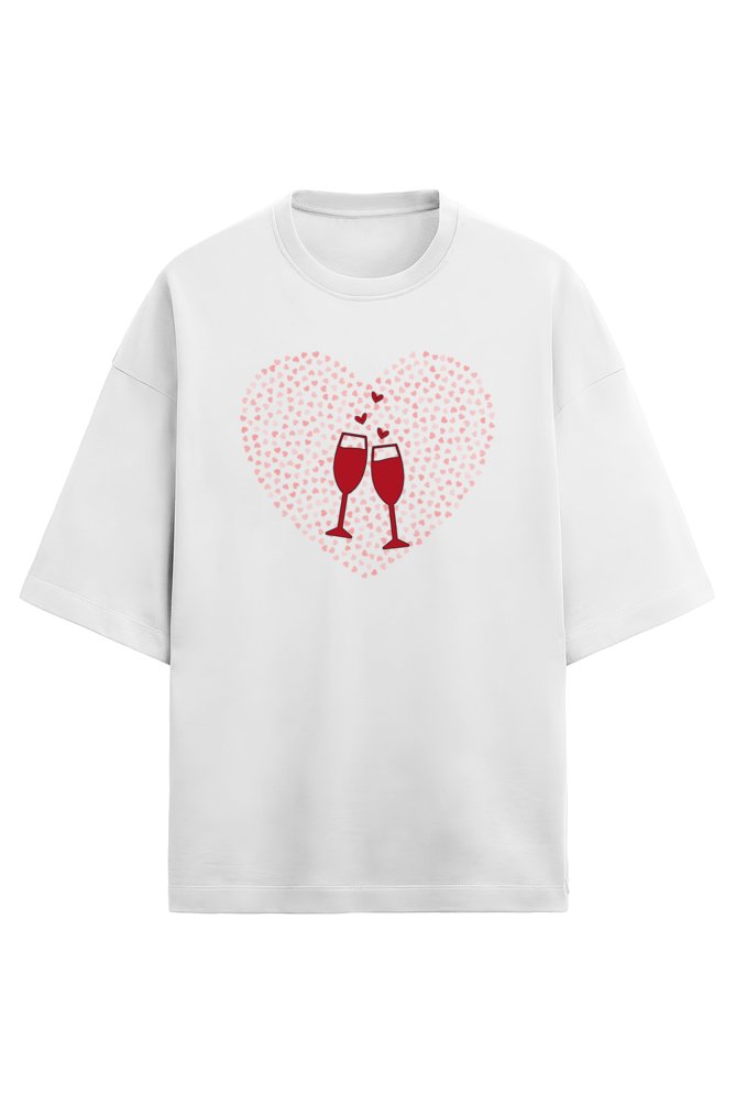 Women’s Oversized Valentine T-Shirt – Heart & Wine Glass Design for Bold Women