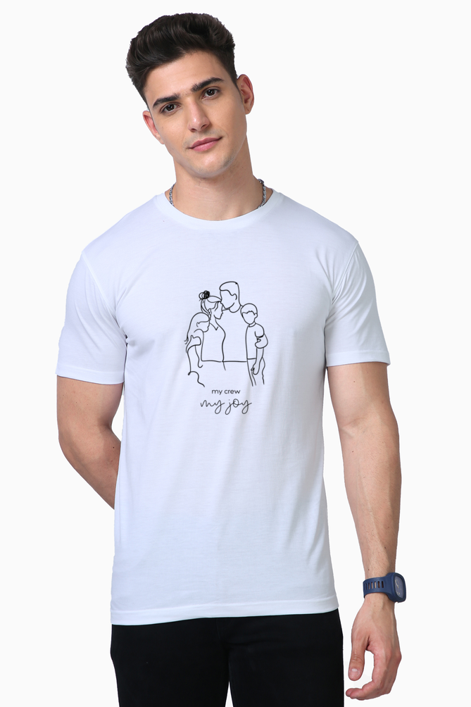Men’s Half-Sleeve Supima T-Shirt – "My Crew, My Joy" with Family Caricature Design