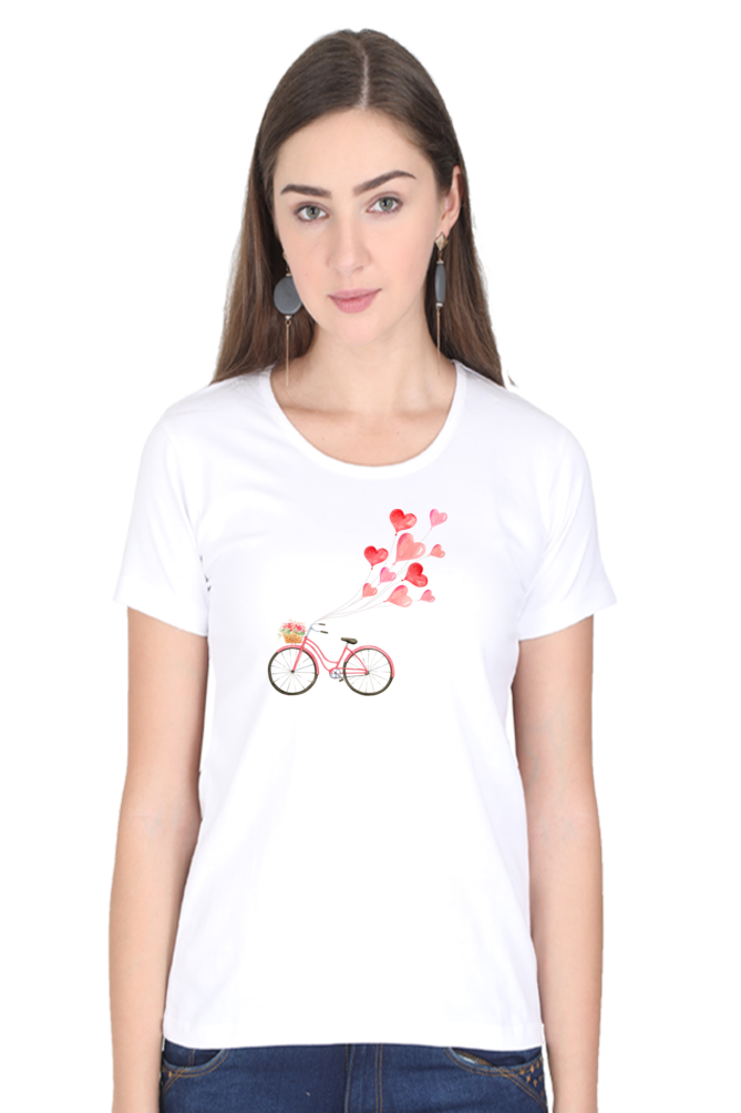 Women’s Valentine Round Neck T-Shirt – Floating Hearts & Bicycle Design