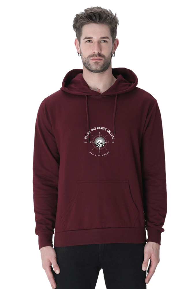 Men’s Hooded Sweatshirt – "Not All Who Wander Are Lost: Dad Life Rocks" with Compass & Mountain Design