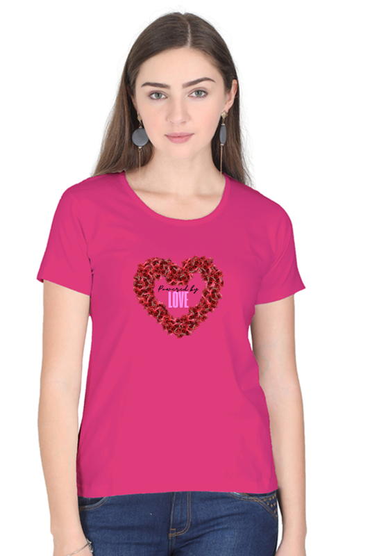 Women’s Valentine Round Neck T-Shirt – "Powered by Love" Heart Design