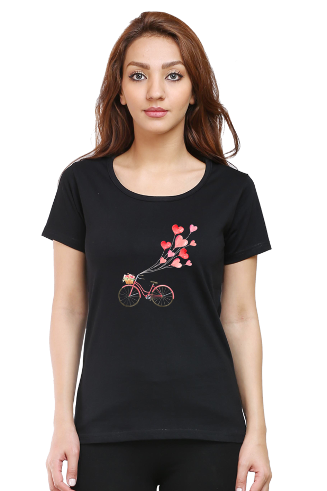 Women’s Valentine Round Neck T-Shirt – Floating Hearts & Bicycle Design
