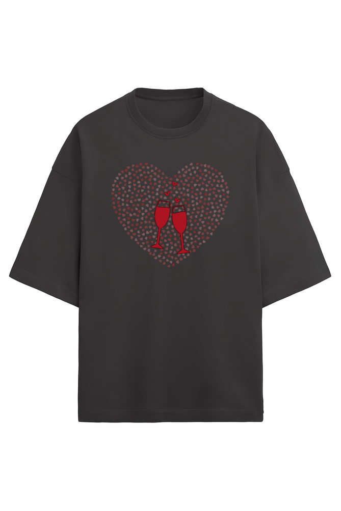 Women’s Oversized Valentine T-Shirt – Heart & Wine Glass Design for Bold Women