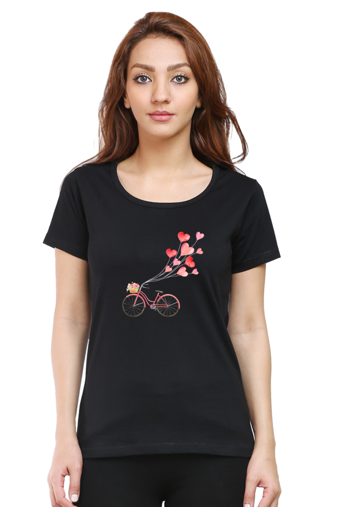 Women’s Valentine Round Neck T-Shirt – Floating Hearts & Bicycle Design