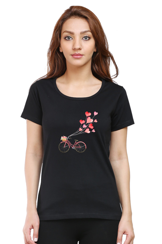 Women’s Valentine Round Neck T-Shirt – Floating Hearts & Bicycle Design