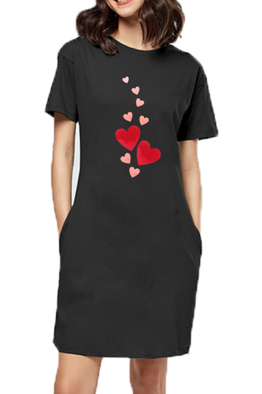 Women’s Valentine T-Shirt Dress – Floating Hearts Design for Bold Women