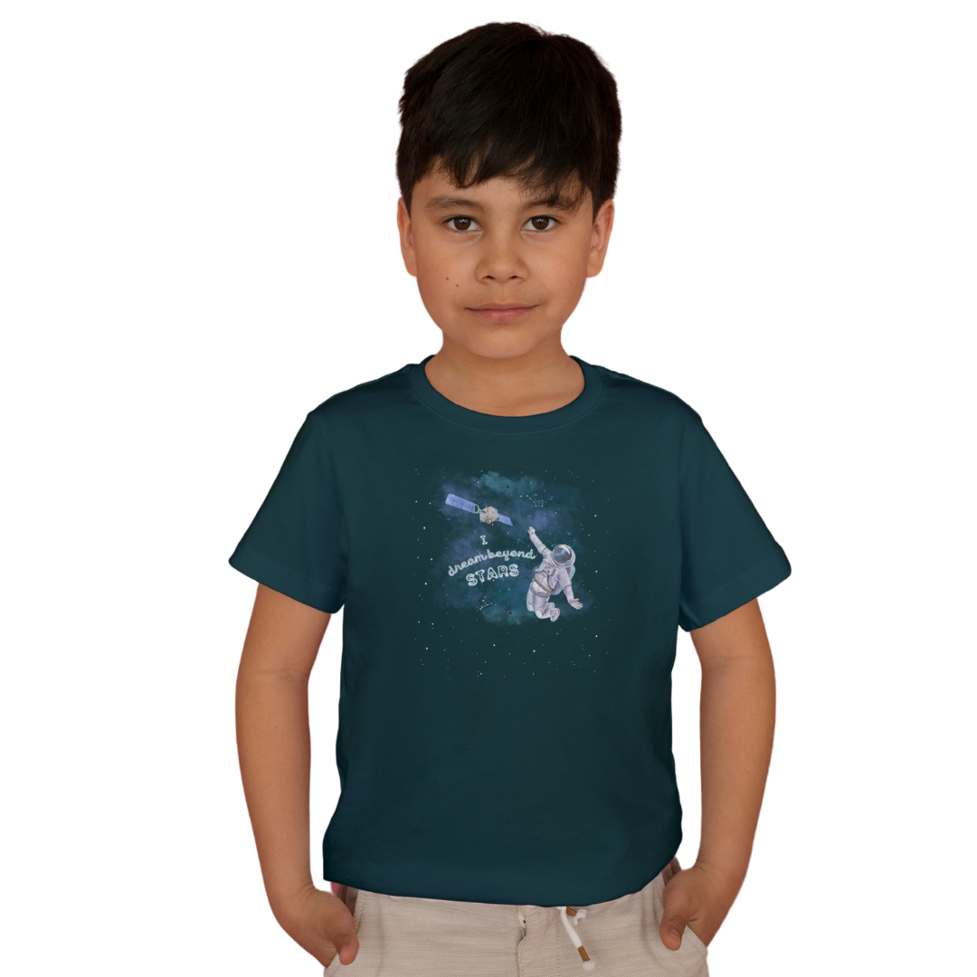I Dream Beyond Stars – Kids’ Astronaut T-Shirt with Satellite & Stars | Little Astronauts