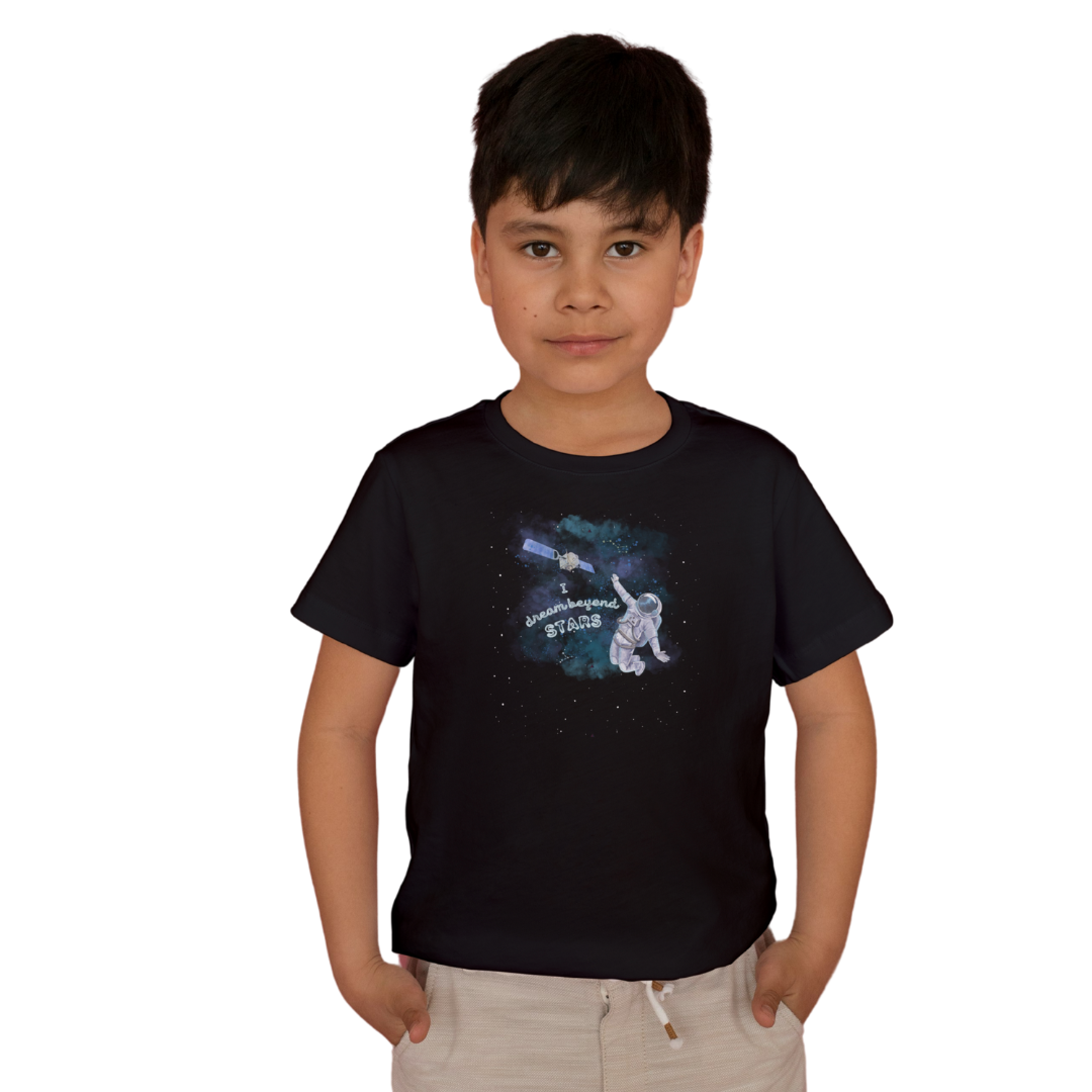 I Dream Beyond Stars – Kids’ Astronaut T-Shirt with Satellite & Stars | Little Astronauts