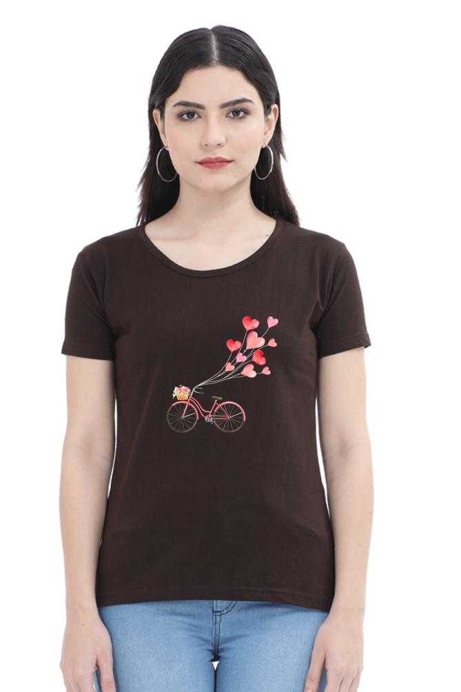 Women’s Valentine Round Neck T-Shirt – Floating Hearts & Bicycle Design