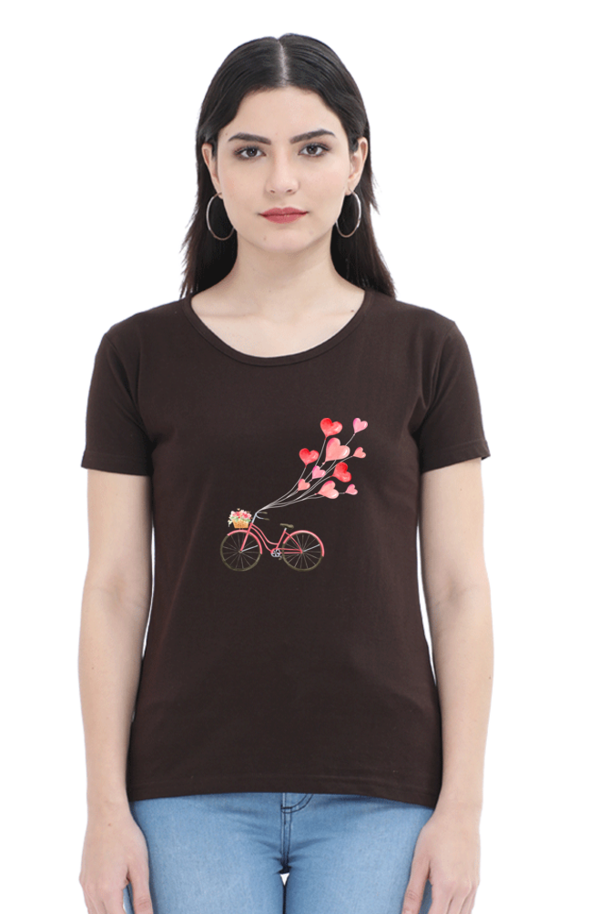 Women’s Valentine Round Neck T-Shirt – Floating Hearts & Bicycle Design