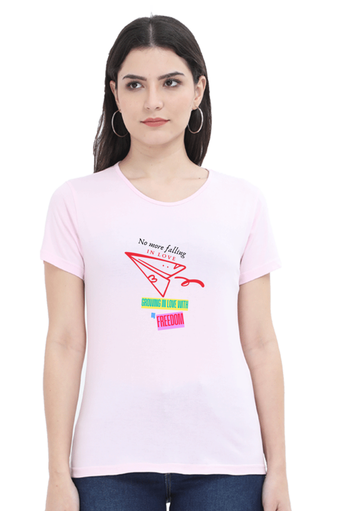 Women’s Valentine Round Neck T-Shirt – "Growing in Love" Paper Airplane Design