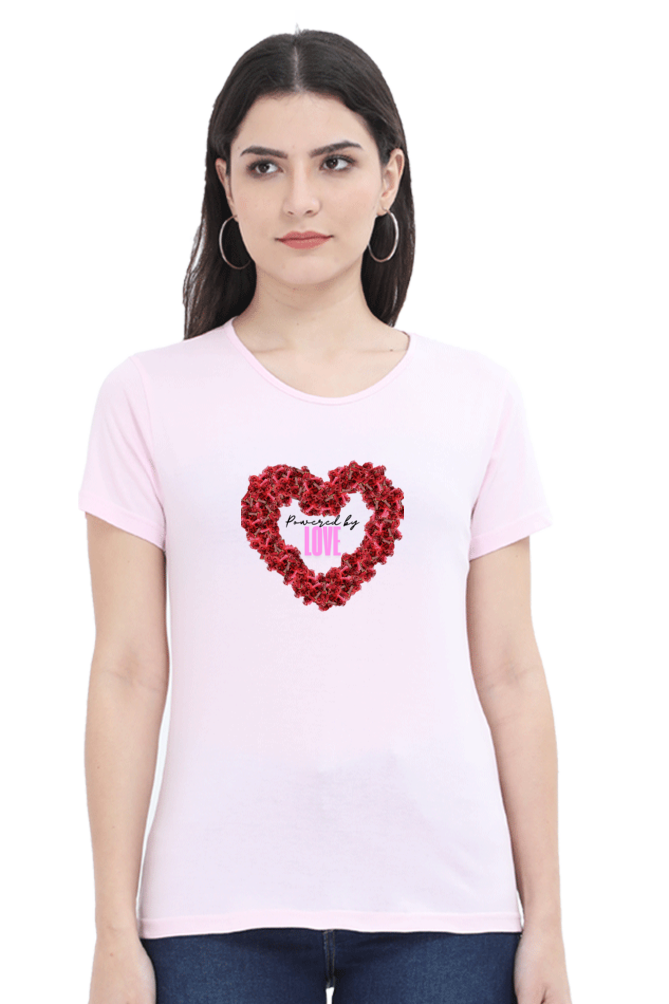 Women’s Valentine Round Neck T-Shirt – "Powered by Love" Heart Design