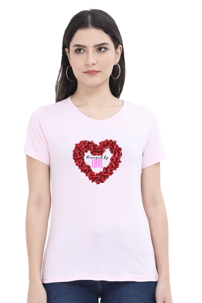 Women’s Valentine Round Neck T-Shirt – "Powered by Love" Heart Design