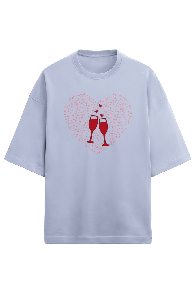 Women’s Oversized Valentine T-Shirt – Heart & Wine Glass Design for Bold Women