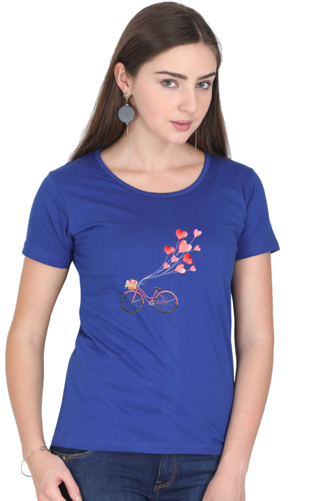 Women’s Valentine Round Neck T-Shirt – Floating Hearts & Bicycle Design