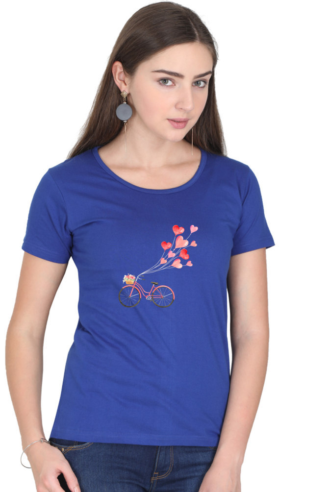 Women’s Valentine Round Neck T-Shirt – Floating Hearts & Bicycle Design