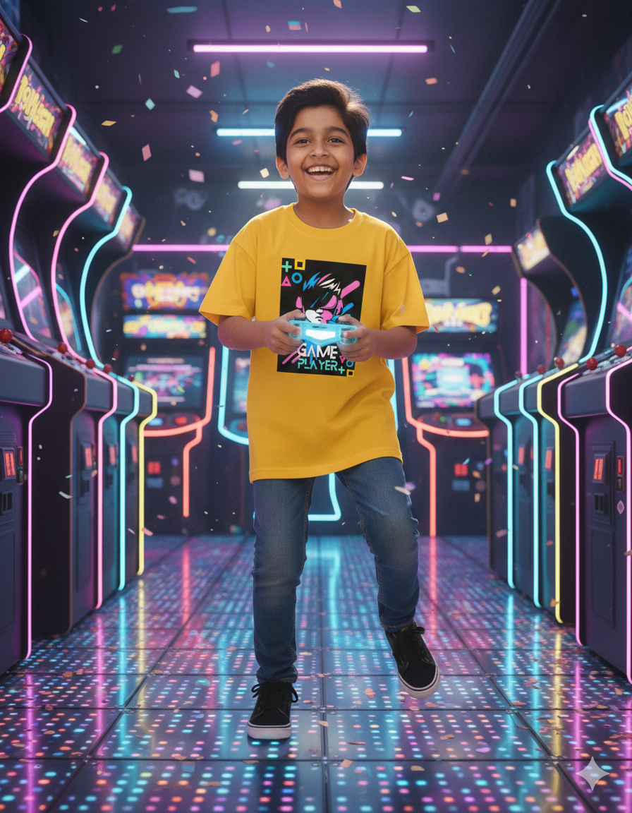 Game Player Kids Graphic T-Shirt | Cool Gamer Printed Half Sleeve Cotton Tee for Boys