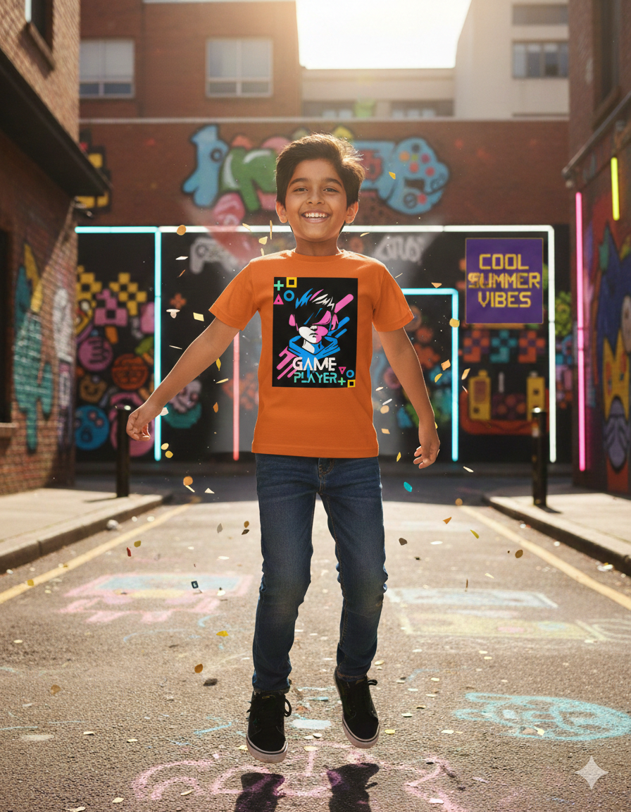 Game Player Kids Graphic T-Shirt | Cool Gamer Printed Half Sleeve Cotton Tee for Boys