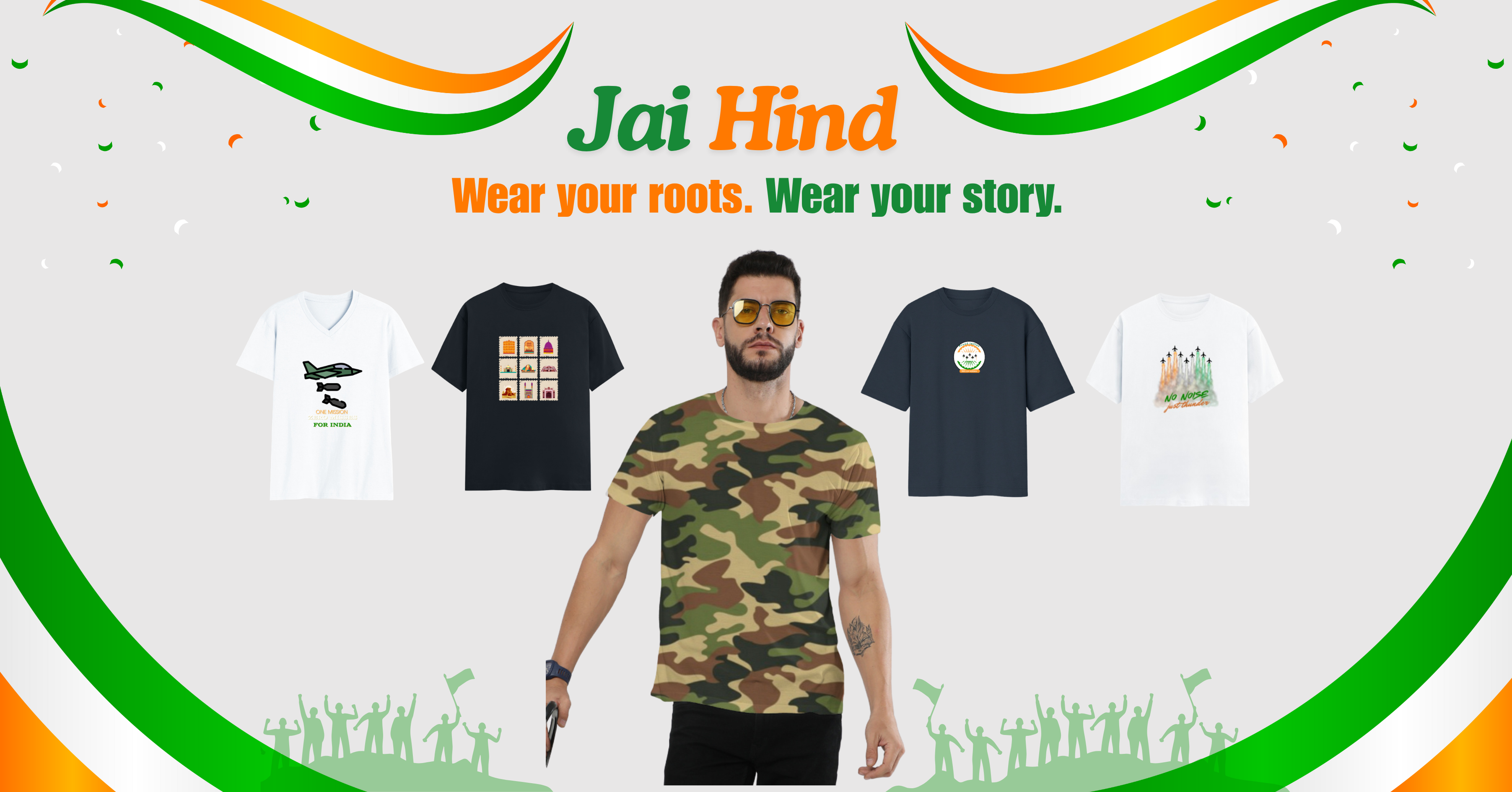 Man wearing army  t-shirt with Independence Day themed t-shirts displayed and 'Jai Hind' text on a white background.