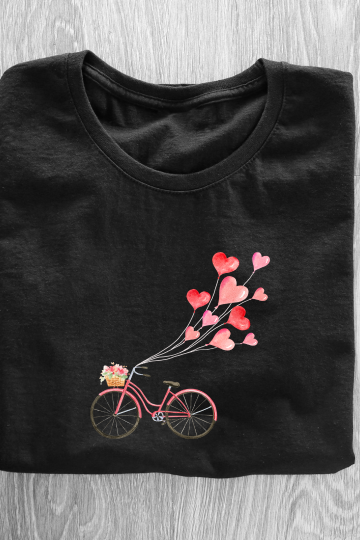 Women’s Valentine Round Neck T-Shirt – Floating Hearts & Bicycle Design