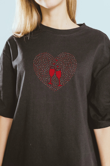 Women’s Oversized Valentine T-Shirt – Heart & Wine Glass Design for Bold Women