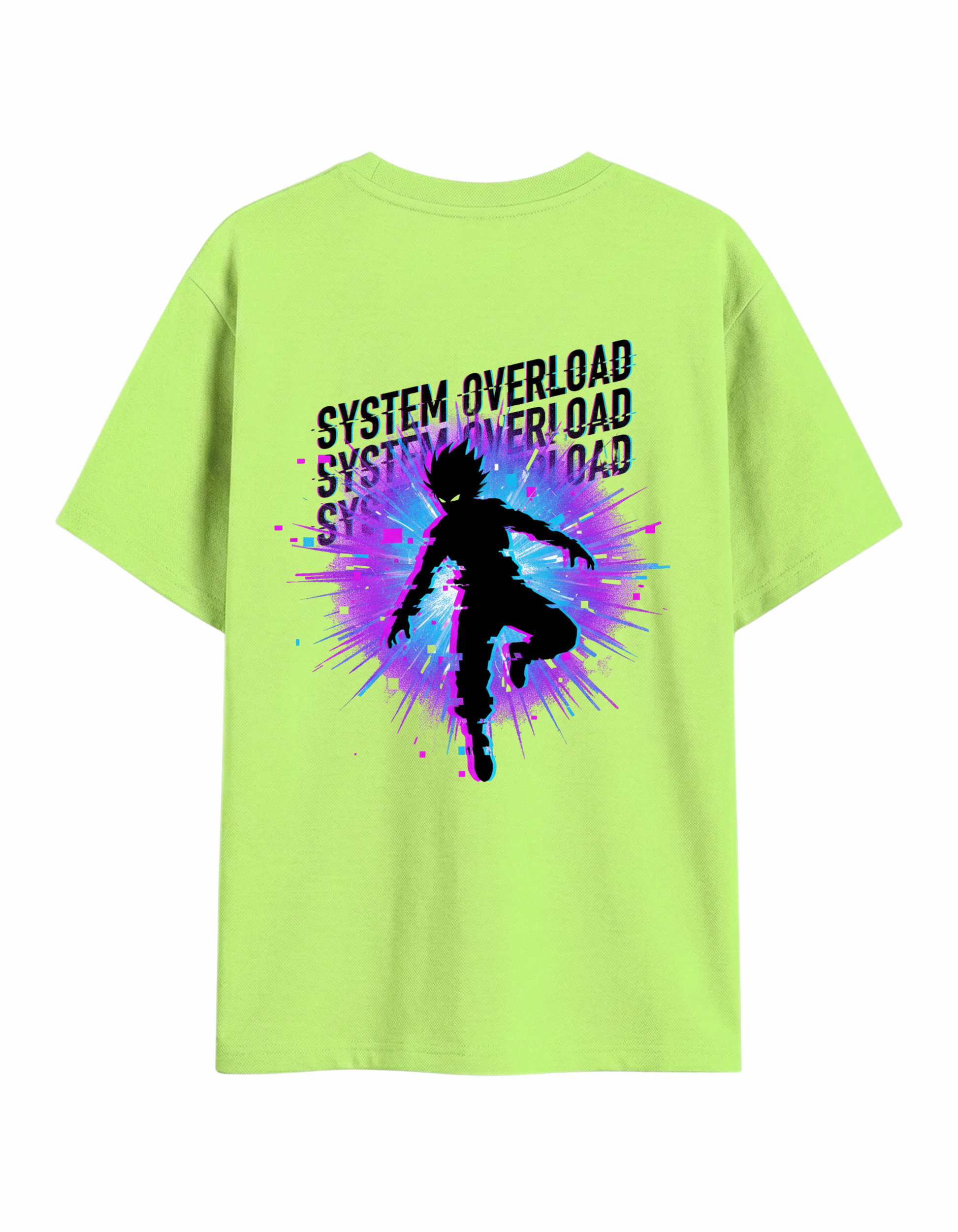Neon green t-shirt with 'System Overload' graphic on a white background