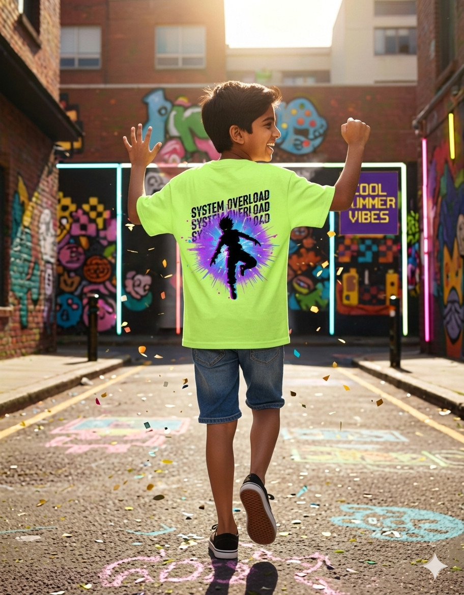 System Overloaded Kids Oversized T-Shirt | Neon Gamer Front & Back Print Streetwear Tee for Boys