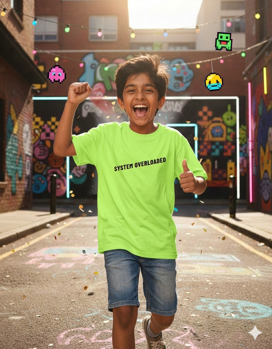 System Overloaded Kids Oversized T-Shirt | Neon Gamer Front & Back Print Streetwear Tee for Boys