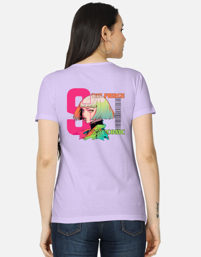 Women’s anime t-shirt back design featuring bold “Stay Fierce Stay Iconic” typography, neon pink graphics, barcode aesthetic, and modern anime streetwear elements.