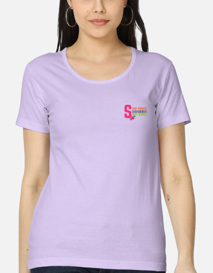 Women’s anime graphic t-shirt front design featuring cyber-pop anime girl artwork, vibrant neon colors, and empowering “Stay Fierce Stay Iconic” typography in Gen Z streetwear style.