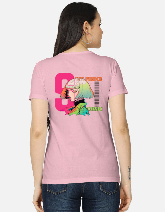 Women’s anime t-shirt back design featuring bold “Stay Fierce Stay Iconic” typography, neon pink graphics, barcode aesthetic, and modern anime streetwear elements.