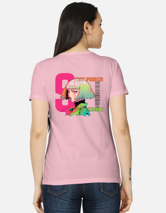 Women’s anime t-shirt back design featuring bold “Stay Fierce Stay Iconic” typography, neon pink graphics, barcode aesthetic, and modern anime streetwear elements.