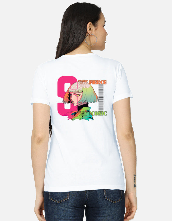 Women’s anime t-shirt back design featuring bold “Stay Fierce Stay Iconic” typography, neon pink graphics, barcode aesthetic, and modern anime streetwear elements.