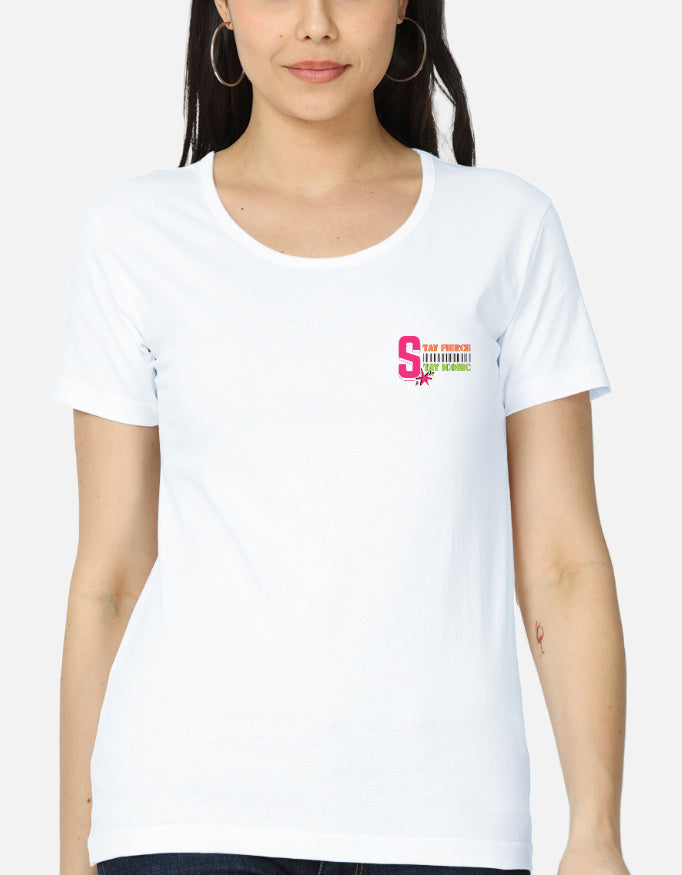 Women’s anime graphic t-shirt front design featuring cyber-pop anime girl artwork, vibrant neon colors, and empowering “Stay Fierce Stay Iconic” typography in Gen Z streetwear style.