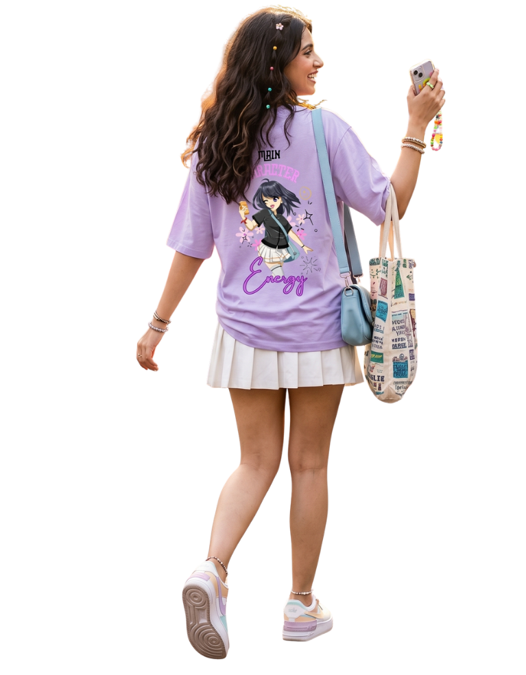 Woman wearing a purple t-shirt with anime design and text, holding a phone and a bag on a white background