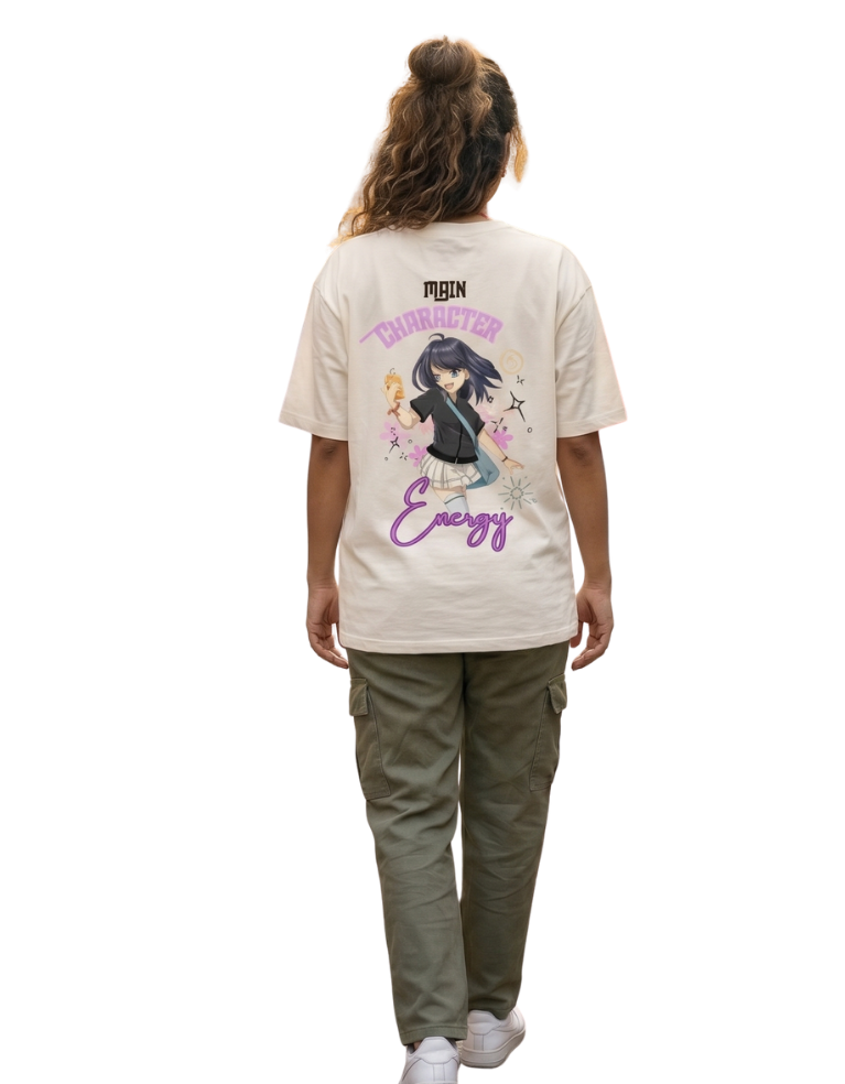 Woman wearing a off white t-shirt with anime graphic design on the back, standing against a white background
